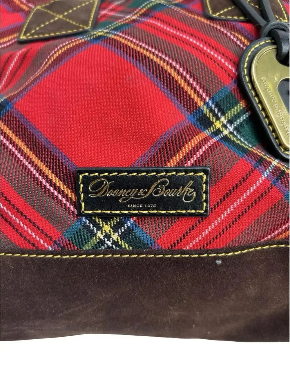 Dooney & Bourke Red Tartan Plaid Tote Bag Leather Trim Brass Duck Charm Large - Picture 5 of 10